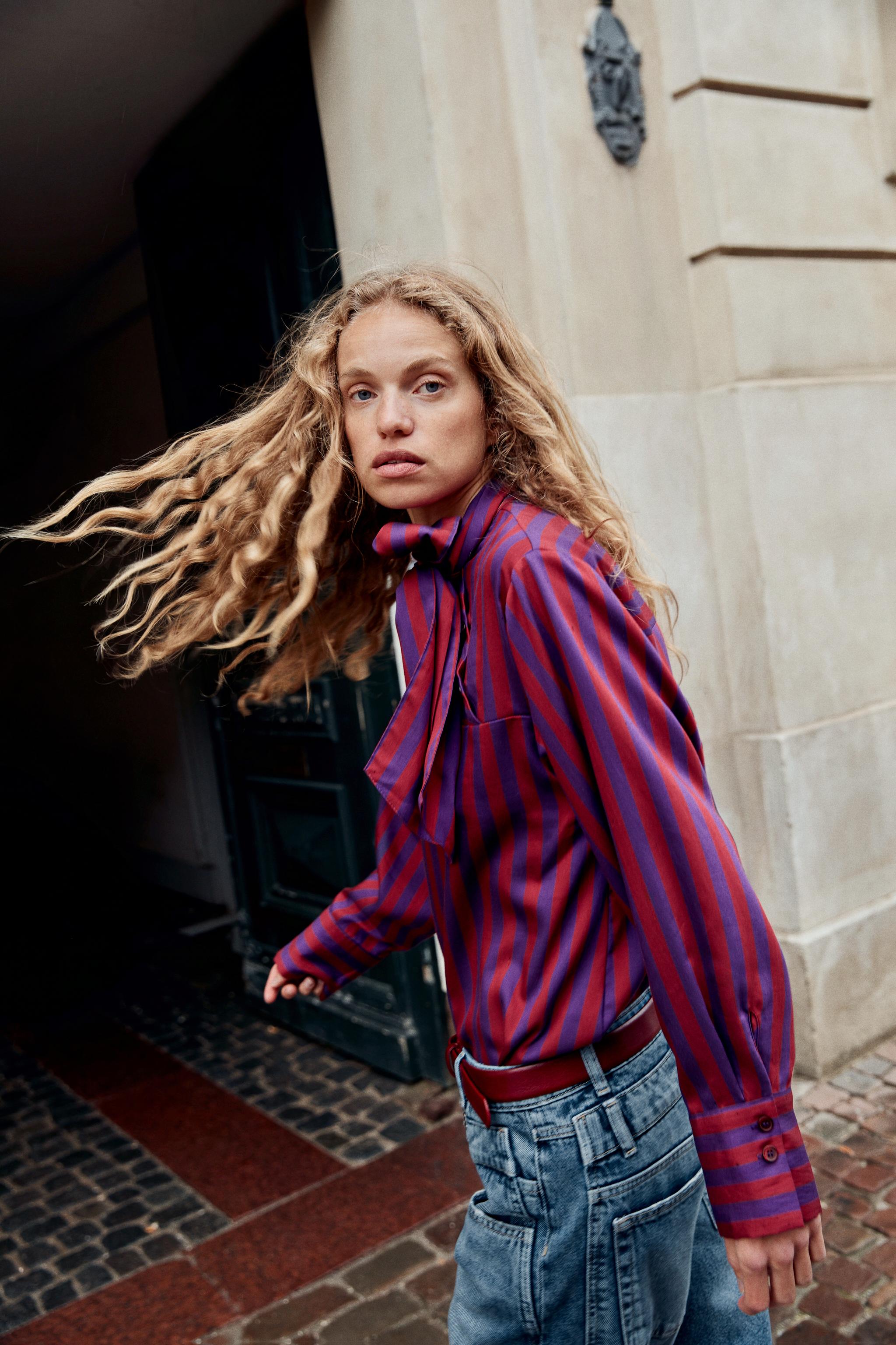 STRIPED TIE-FRONT BLOUSE